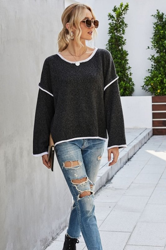 Angel Wings Round Neck Dropped Shoulder Sweater - ShalayeFashion