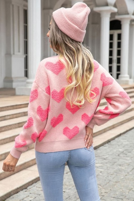 Angel Wings Round Neck Dropped Shoulder Sweater with Heart Pattern - ShalayeFashion