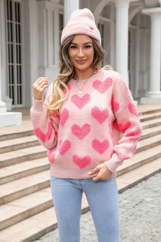 Angel Wings Round Neck Dropped Shoulder Sweater with Heart Pattern - ShalayeFashion