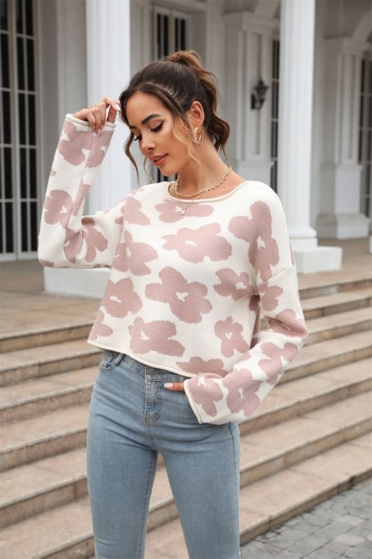 Angel Wings Round Neck Flower Pattern Dropped Shoulder Pullover Sweater - ShalayeFashion