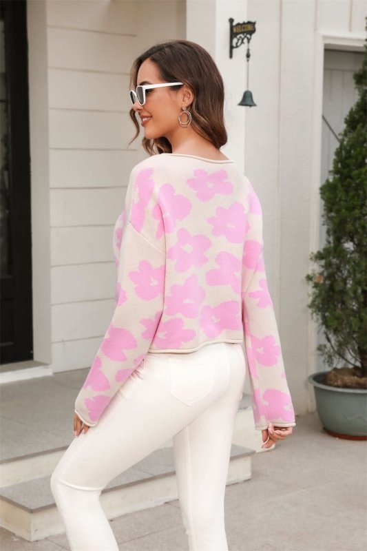 Angel Wings Round Neck Flower Pattern Dropped Shoulder Pullover Sweater - ShalayeFashion