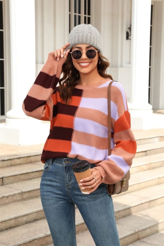 Angel Wings Round Neck Long Sleeve Color Block Dropped Shoulder Pullover Sweater - ShalayeFashion