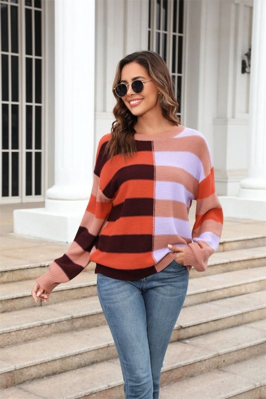 Angel Wings Round Neck Long Sleeve Color Block Dropped Shoulder Pullover Sweater - ShalayeFashion