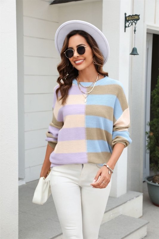 Angel Wings Round Neck Long Sleeve Color Block Dropped Shoulder Pullover Sweater - ShalayeFashion