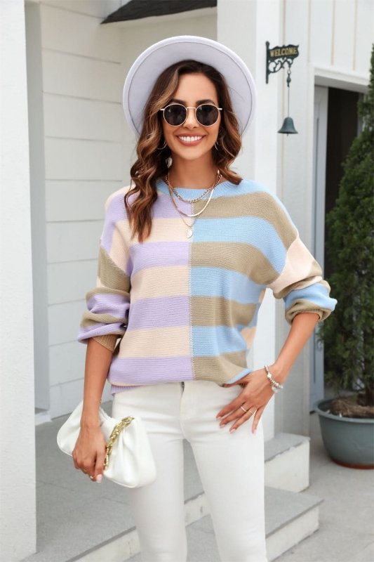 Angel Wings Round Neck Long Sleeve Color Block Dropped Shoulder Pullover Sweater - ShalayeFashion