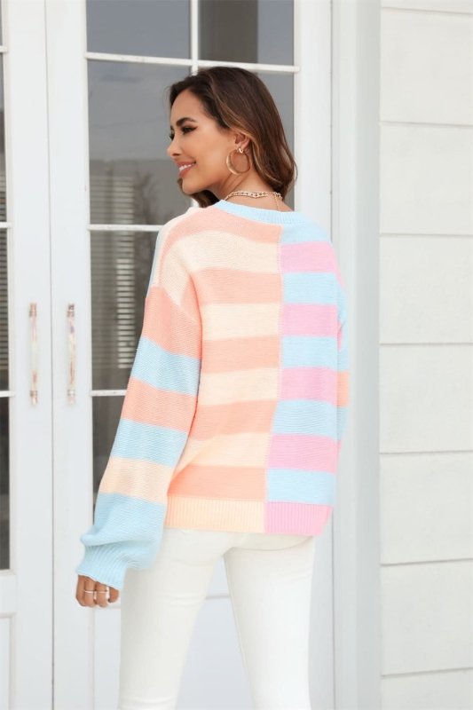 Angel Wings Round Neck Long Sleeve Color Block Dropped Shoulder Pullover Sweater - ShalayeFashion
