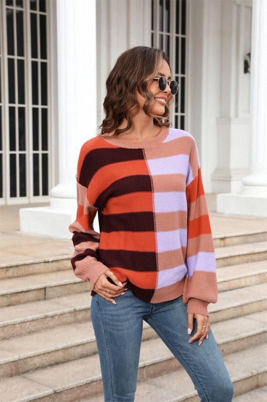 Angel Wings Round Neck Long Sleeve Color Block Dropped Shoulder Pullover Sweater - ShalayeFashion