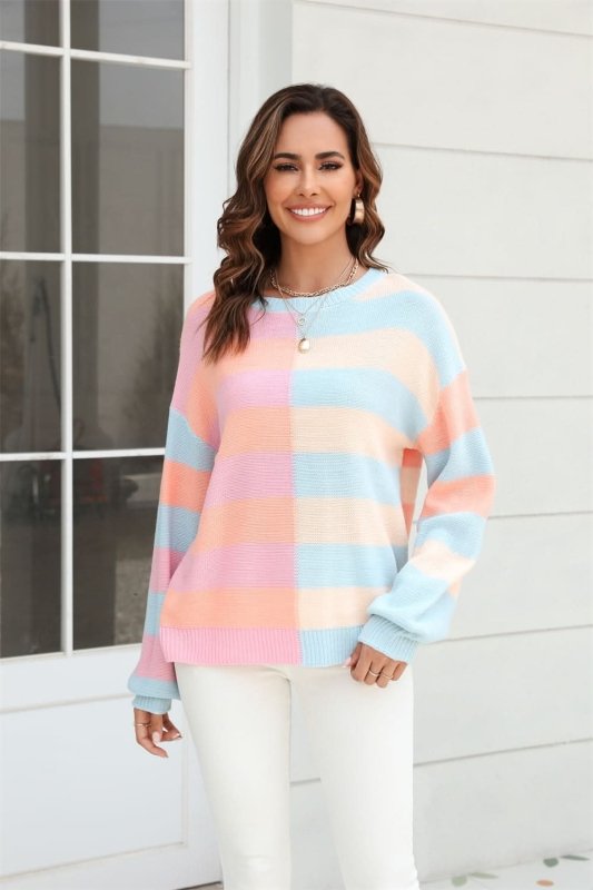 Angel Wings Round Neck Long Sleeve Color Block Dropped Shoulder Pullover Sweater - ShalayeFashion