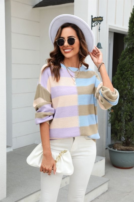 Angel Wings Round Neck Long Sleeve Color Block Dropped Shoulder Pullover Sweater - ShalayeFashion