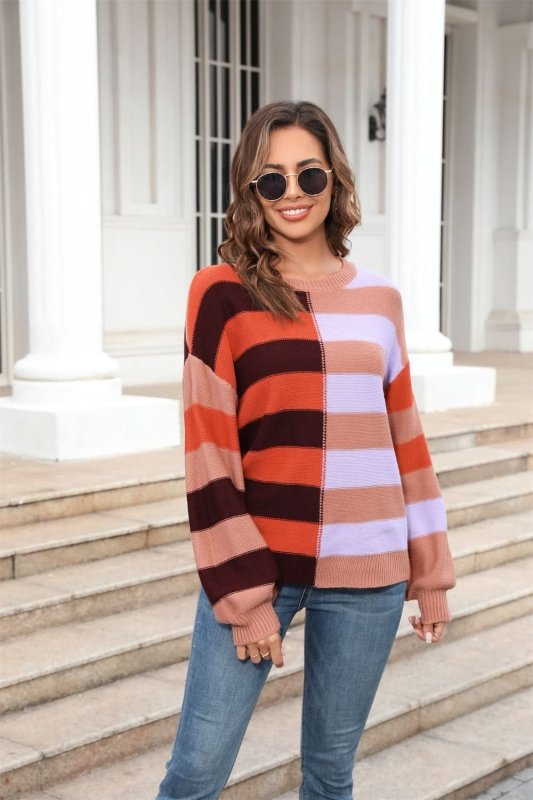 Angel Wings Round Neck Long Sleeve Color Block Dropped Shoulder Pullover Sweater - ShalayeFashion