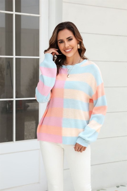 Angel Wings Round Neck Long Sleeve Color Block Dropped Shoulder Pullover Sweater - ShalayeFashion