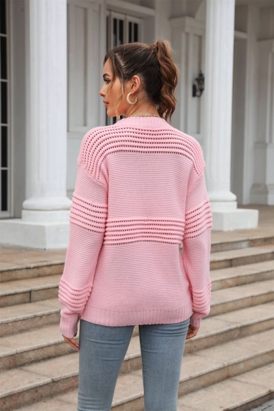 Angel Wings Round Neck Openwork Long Sleeve Pullover Sweater - ShalayeFashion