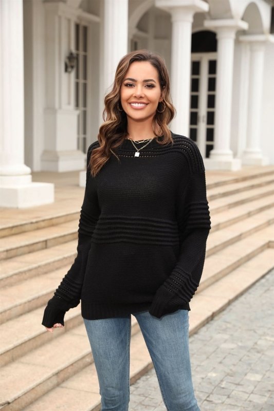 Angel Wings Round Neck Openwork Long Sleeve Pullover Sweater - ShalayeFashion