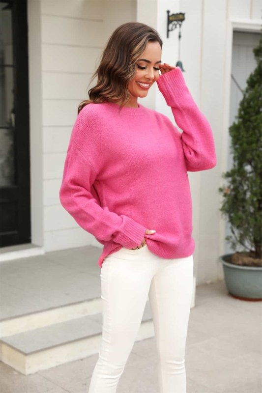 Angel Wings Round Neck Ribbed Long Sleeve Sweater - ShalayeFashion