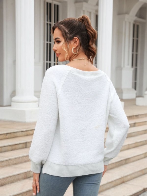 Angel Wings Round Neck Ribbed Trim Sweater - ShalayeFashion