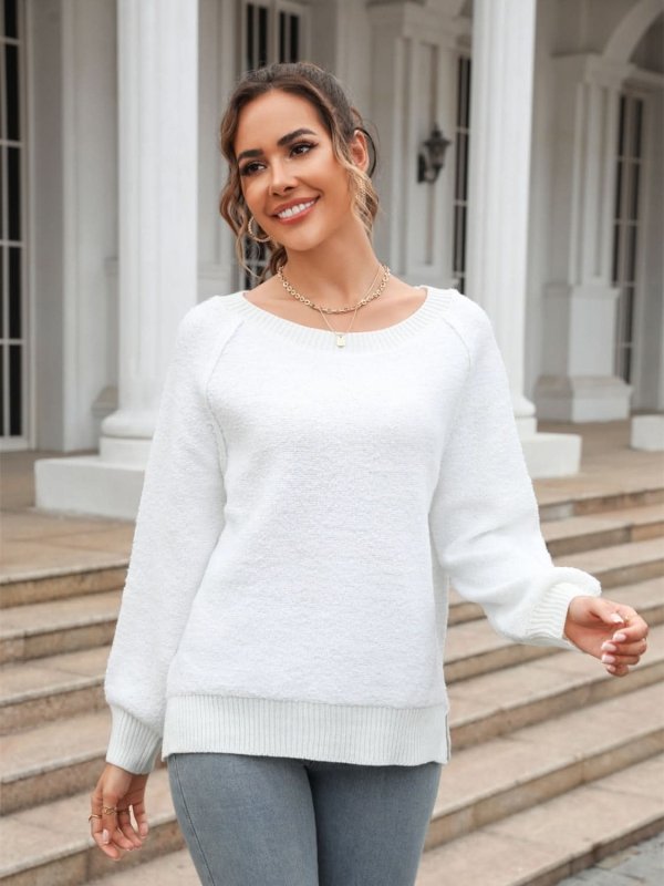 Angel Wings Round Neck Ribbed Trim Sweater - ShalayeFashion