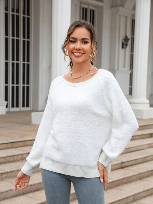 Angel Wings Round Neck Ribbed Trim Sweater - ShalayeFashion