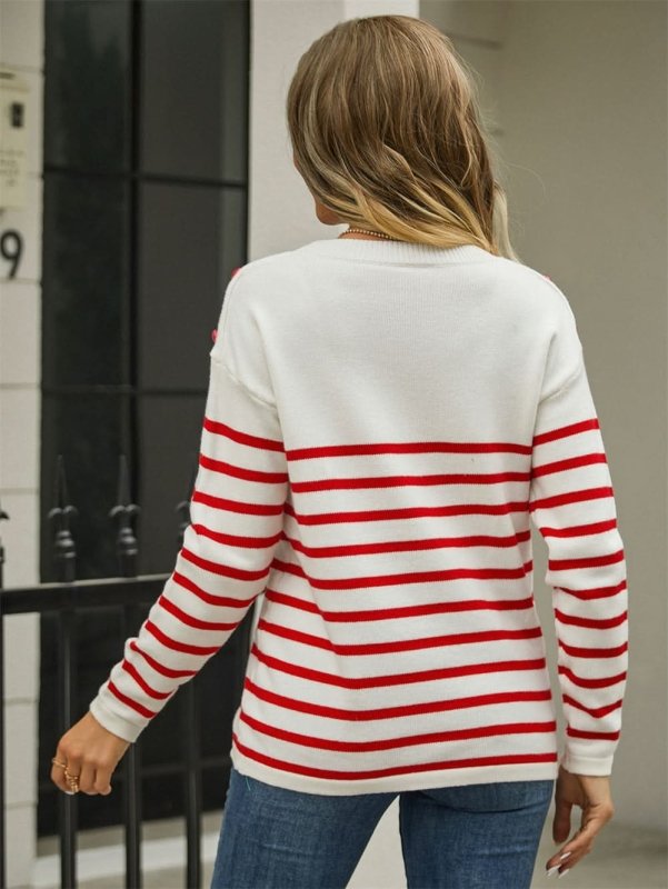 Angel Wings Round Neck Shoulder Button Striped Pullover Sweater - ShalayeFashion