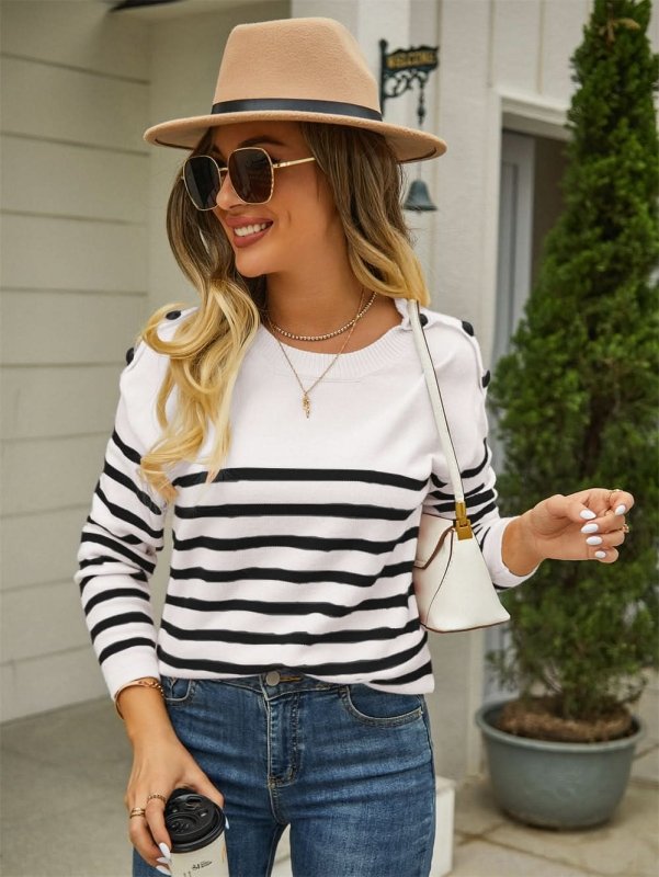 Angel Wings Round Neck Shoulder Button Striped Pullover Sweater - ShalayeFashion