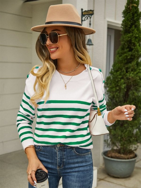 Angel Wings Round Neck Shoulder Button Striped Pullover Sweater - ShalayeFashion