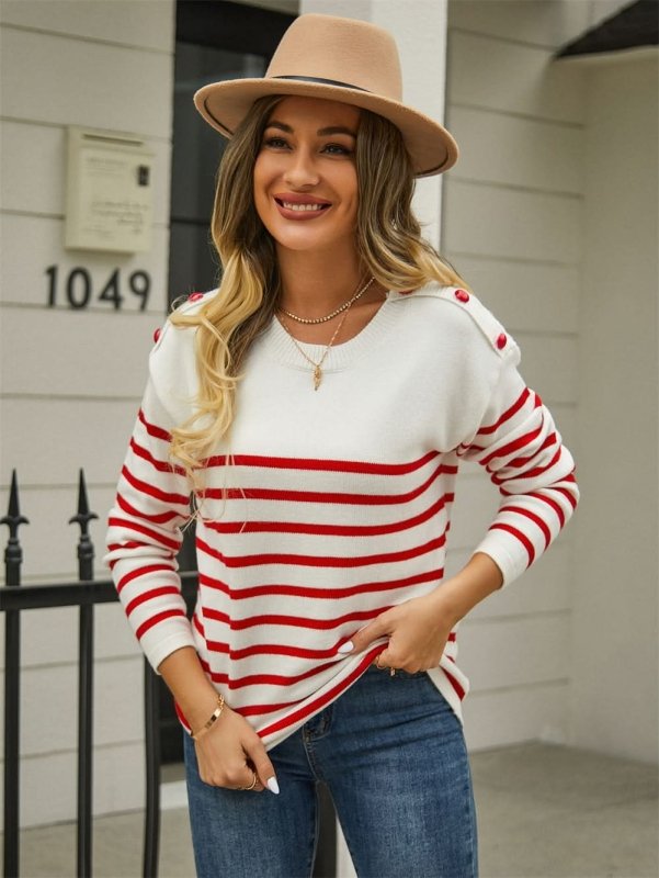Angel Wings Round Neck Shoulder Button Striped Pullover Sweater - ShalayeFashion