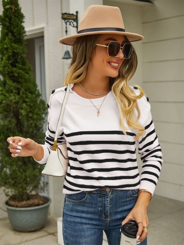 Angel Wings Round Neck Shoulder Button Striped Pullover Sweater - ShalayeFashion