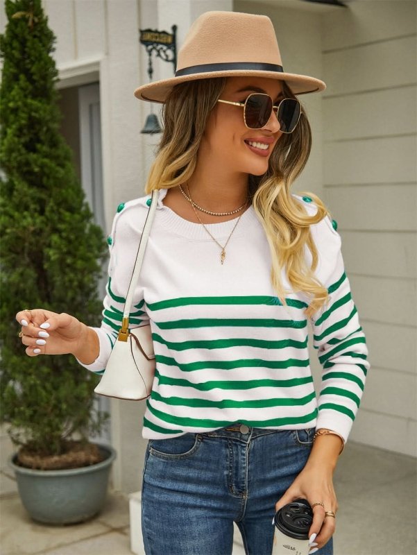 Angel Wings Round Neck Shoulder Button Striped Pullover Sweater - ShalayeFashion