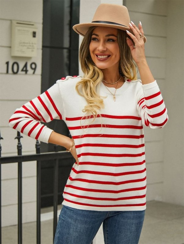 Angel Wings Round Neck Shoulder Button Striped Pullover Sweater - ShalayeFashion