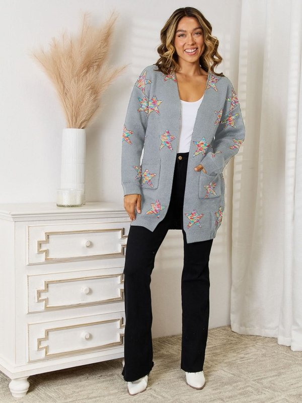 Angel Wings Star Pattern Open Front Cardigan with Pockets - ShalayeFashion