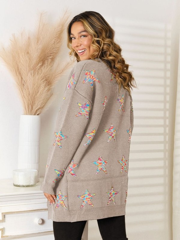 Angel Wings Star Pattern Open Front Cardigan with Pockets - ShalayeFashion