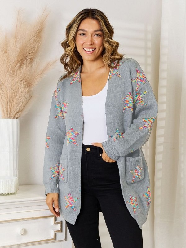 Angel Wings Star Pattern Open Front Cardigan with Pockets - ShalayeFashion