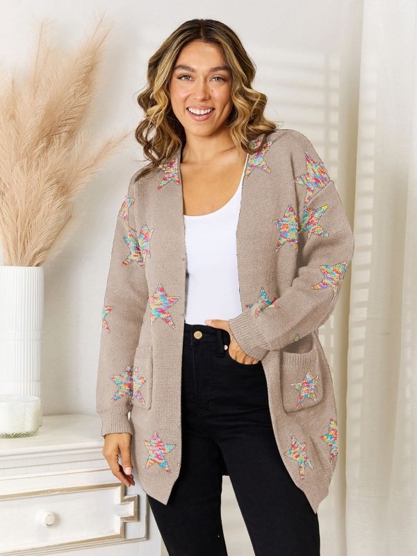 Angel Wings Star Pattern Open Front Cardigan with Pockets - ShalayeFashion