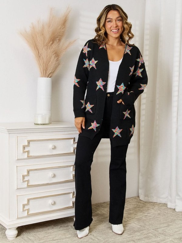 Angel Wings Star Pattern Open Front Cardigan with Pockets - ShalayeFashion