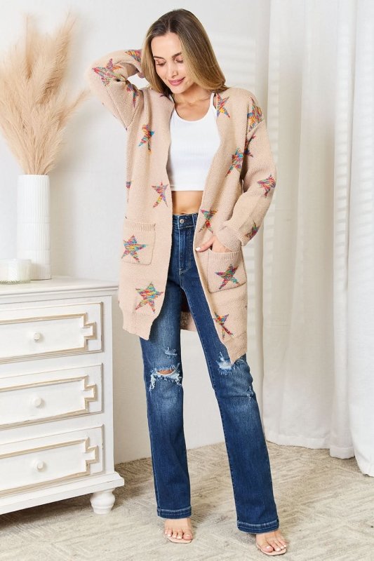 Angel Wings Star Pattern Open Front Longline Cardigan - ShalayeFashion