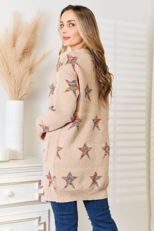 Angel Wings Star Pattern Open Front Longline Cardigan - ShalayeFashion