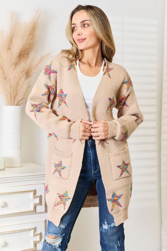 Angel Wings Star Pattern Open Front Longline Cardigan - ShalayeFashion