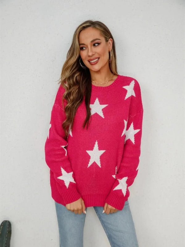 Angel Wings Star Round Neck Dropped Shoulder Sweater - ShalayeFashion