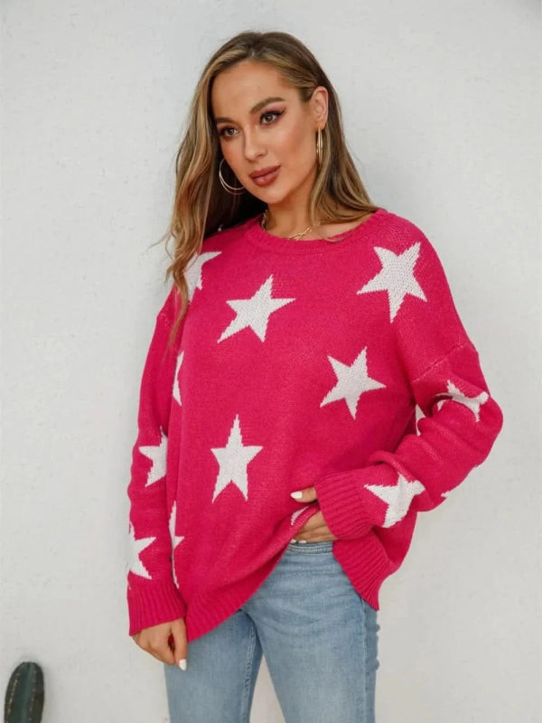 Angel Wings Star Round Neck Dropped Shoulder Sweater - ShalayeFashion