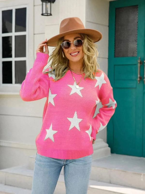 Angel Wings Star Round Neck Dropped Shoulder Sweater - ShalayeFashion
