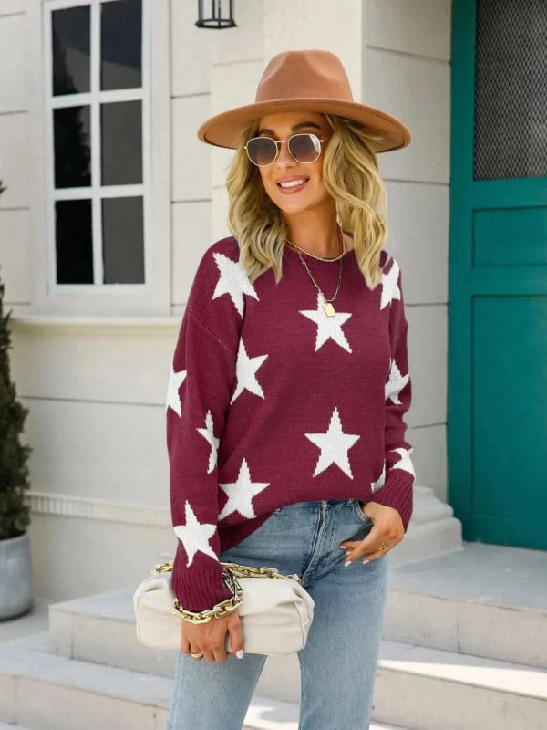 Angel Wings Star Round Neck Dropped Shoulder Sweater - ShalayeFashion