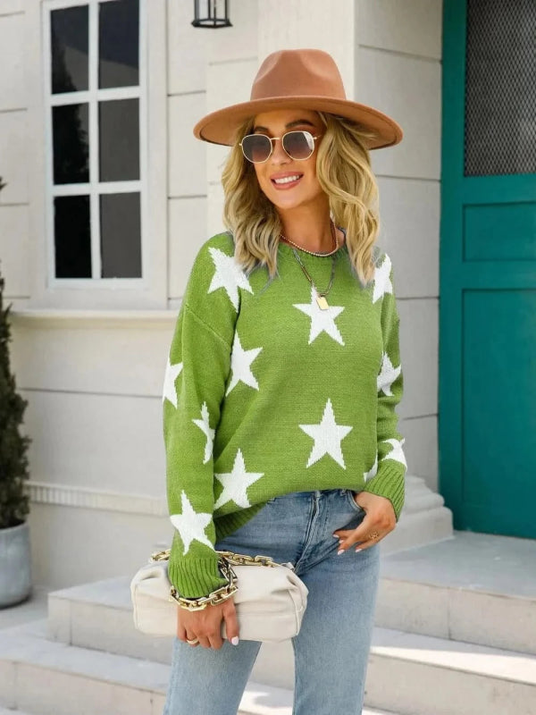 Angel Wings Star Round Neck Dropped Shoulder Sweater - ShalayeFashion