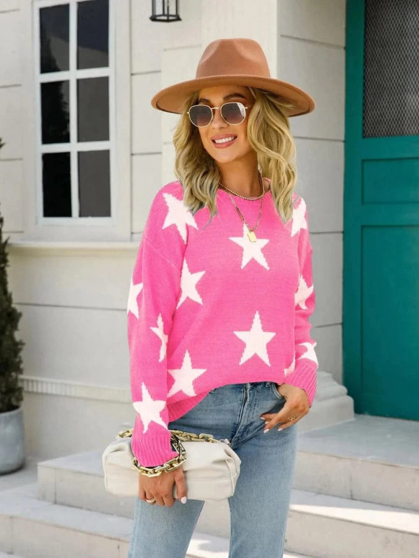 Angel Wings Star Round Neck Dropped Shoulder Sweater - ShalayeFashion