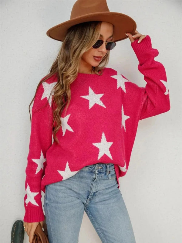 Angel Wings Star Round Neck Dropped Shoulder Sweater - ShalayeFashion