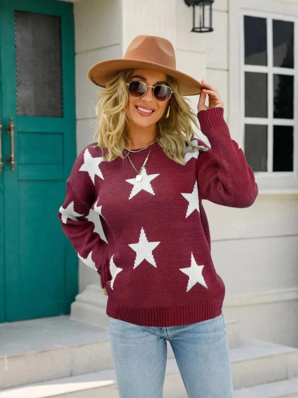 Angel Wings Star Round Neck Dropped Shoulder Sweater - ShalayeFashion