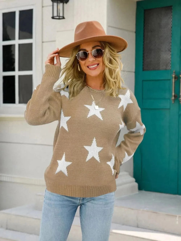 Angel Wings Star Round Neck Dropped Shoulder Sweater - ShalayeFashion