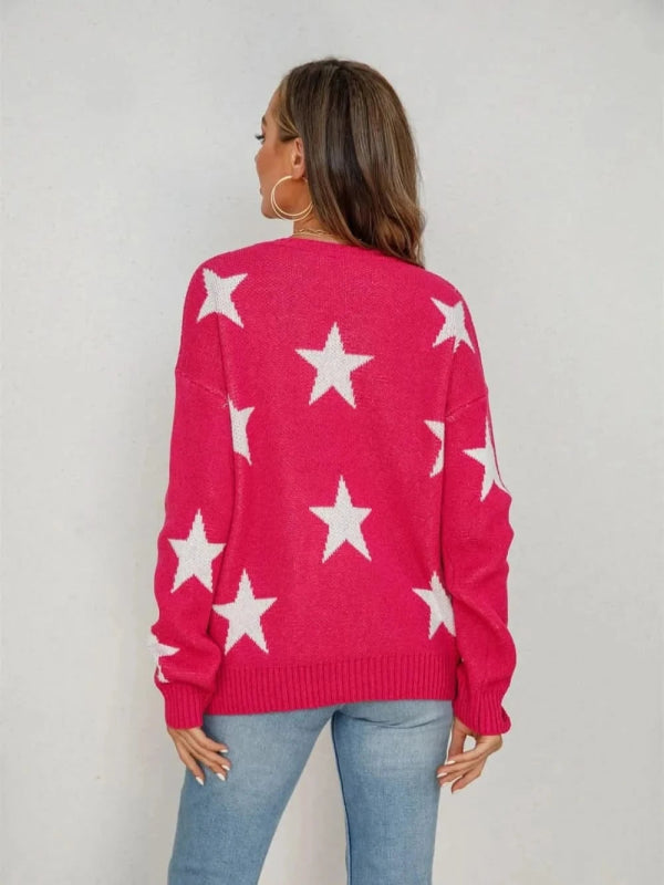 Angel Wings Star Round Neck Dropped Shoulder Sweater - ShalayeFashion