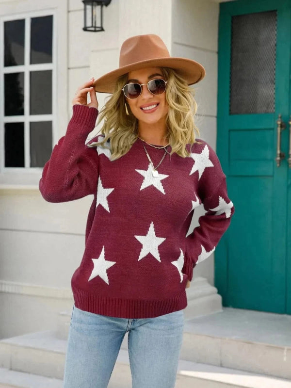 Angel Wings Star Round Neck Dropped Shoulder Sweater - ShalayeFashion