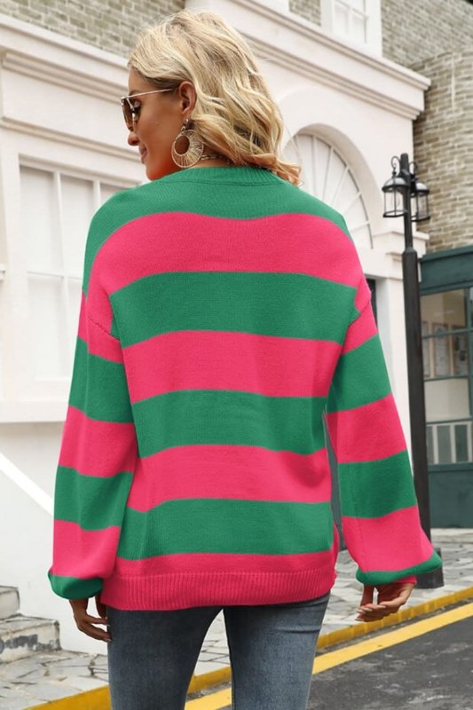 Angel Wings Striped Balloon Sleeve Knit Pullover - ShalayeFashion