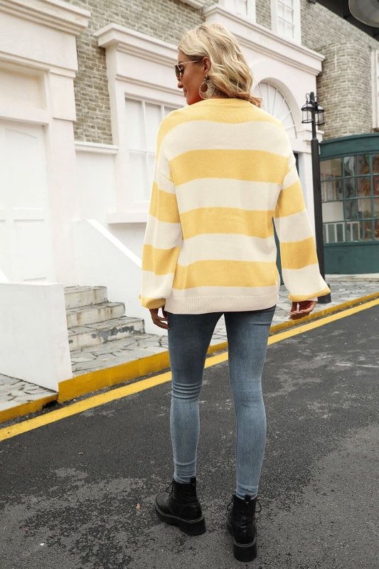 Angel Wings Striped Balloon Sleeve Knit Pullover - ShalayeFashion