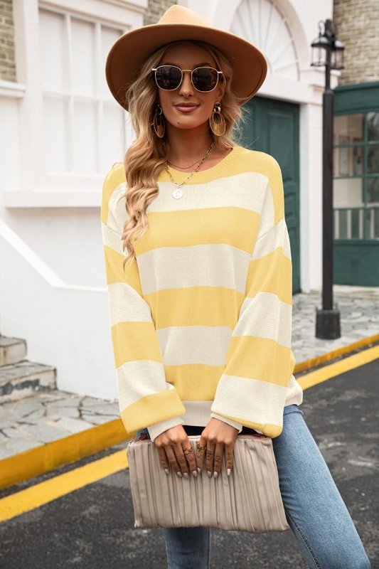 Angel Wings Striped Balloon Sleeve Knit Pullover - ShalayeFashion